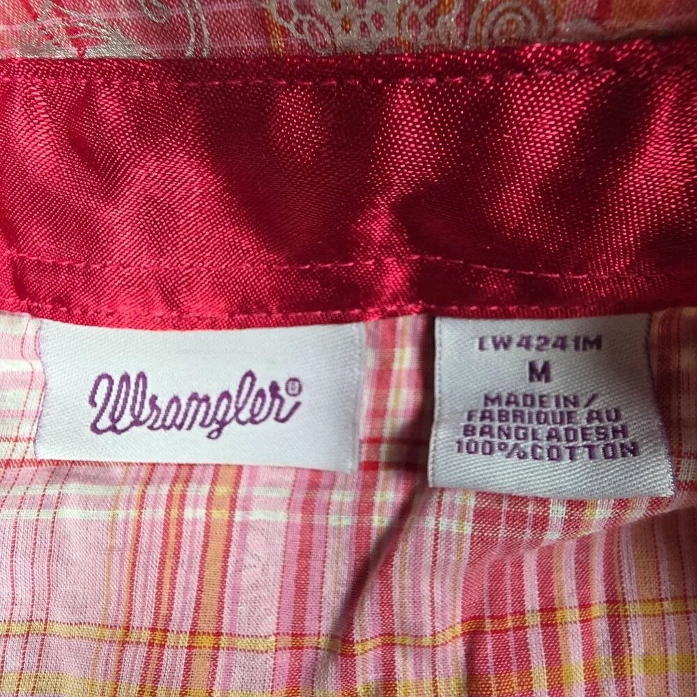 Wrangler Womens Medium Pink/Orange Plaid Long Sleeve Western Shirt With Silver F - Picture 4 of 8
